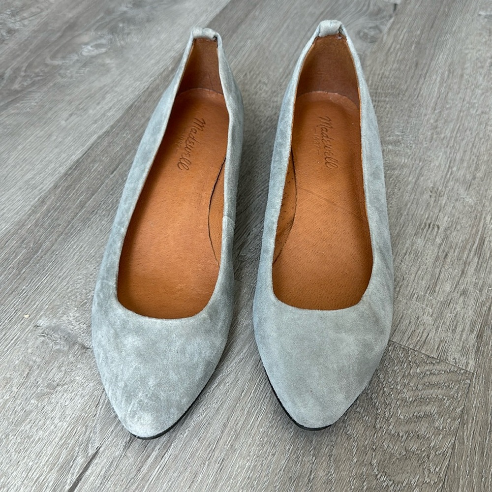 Madewell grey suede pointed toe flats with 1 inch wooden heel